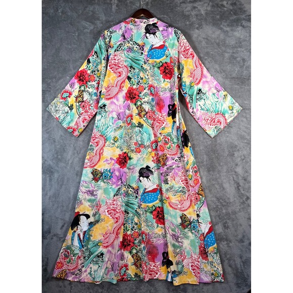 Vintage Natori Kimono Caftan Womens Medium Asian Graphic Floor Length Mumu* - Picture 3 of 10
